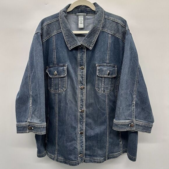 Catherines Studded Denim Jacket Plus Sz 4X Embellished Button Up Shacket Sparkly - Picture 1 of 11